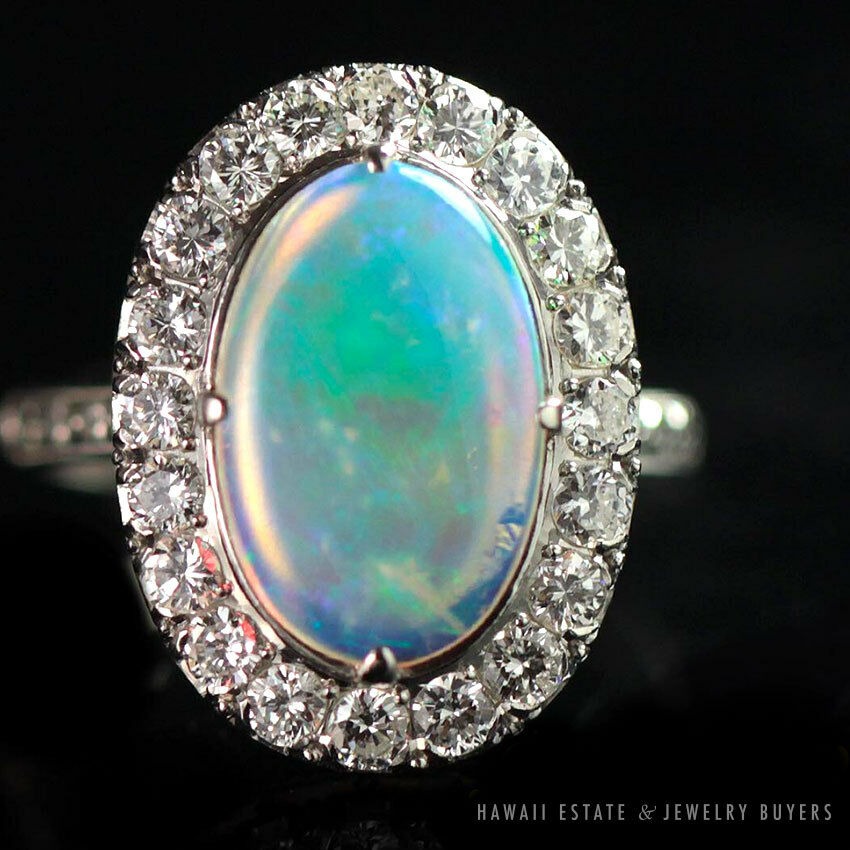 Vintage Jelly Opal Cabochon & 2CTW Diamond Platinum Ring (SZ 6 ...