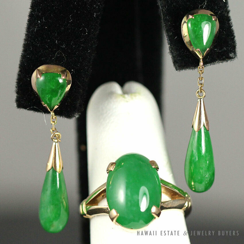 Vintage Imperial Green Jadeite Jade 14K Yellow Gold Drop Earrings ...
